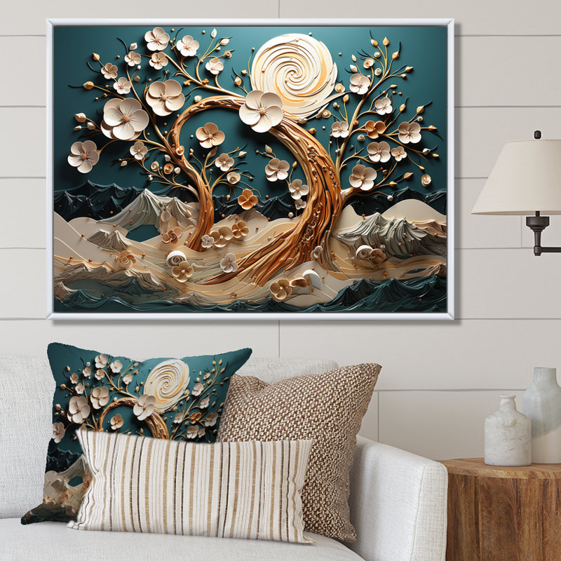 Orchidée bleue et blanche, jardin de branches IV - arbre, art mural, Cadre flottant blanc, H 12 po x l 20 po x P 1 po
