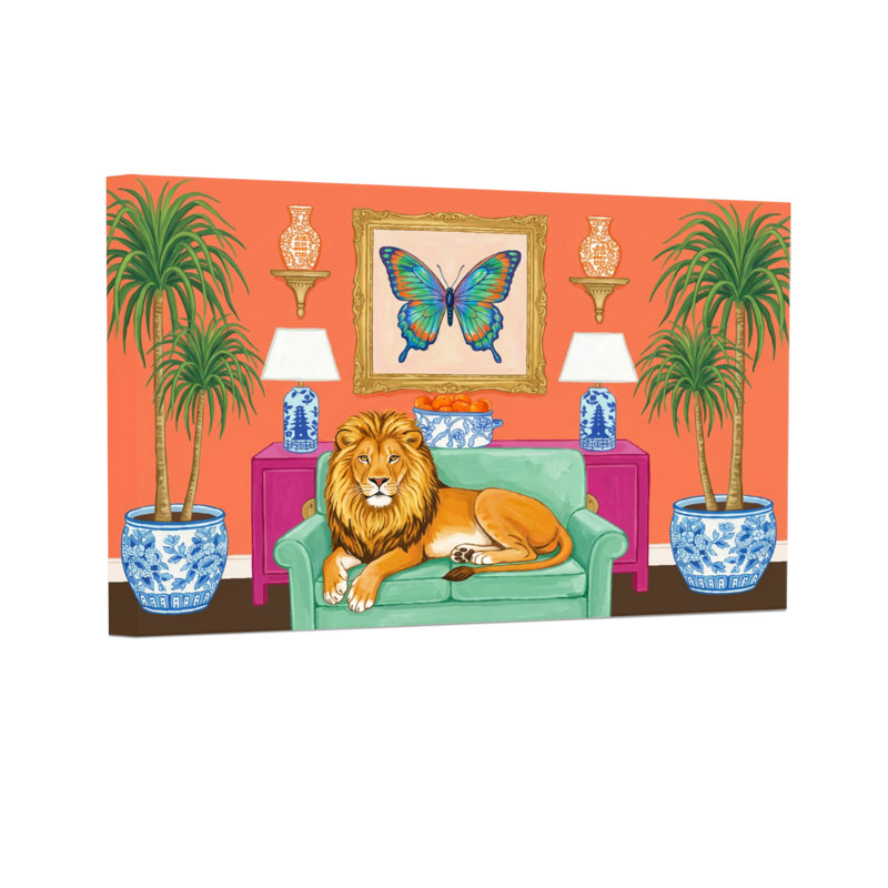 Animaux, lion sur canapé avec art papillon, H 12 po x l 18 po
