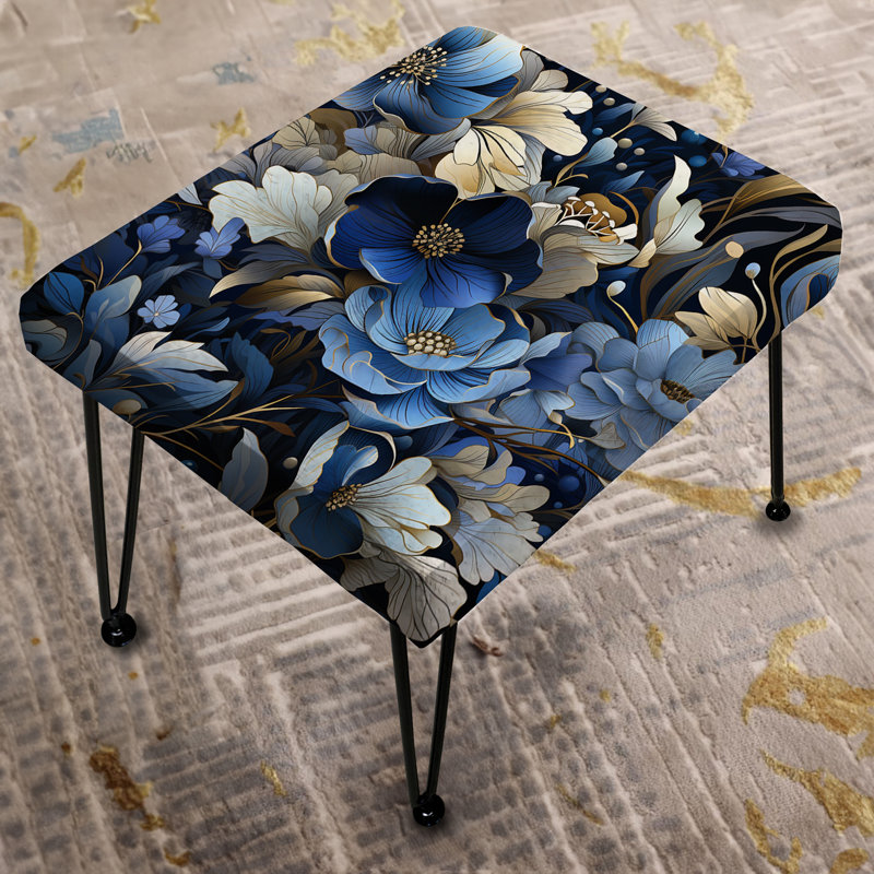 White Blue Nightfall Floral Elegance - Floral Rectangle Ottoman