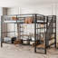 Lit mezzanine double en métal avec escalier, table de rangement basse et tablettes de rangement, noir-87490570