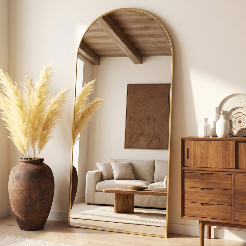 Miroir surdimensionné arqué en métal surdimensionné, Doré, 90 po x 46 po