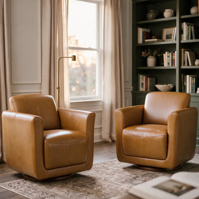 33" Wide Genuine Leather 360°Swivel Barrel Chair With Solid Wood Frame, No Assembly Required (Set of 2)