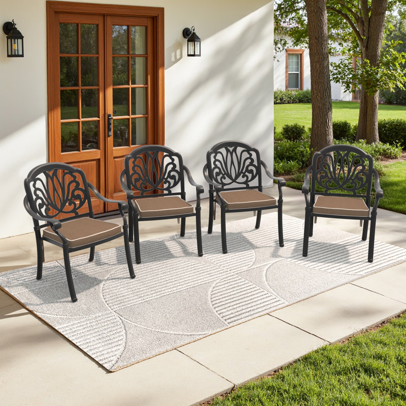 8-Person Patio 82.68" L Rectangle Dining Set with Umbrella Hole, 8 Stackable Chairs with Brown Cushions, 8
