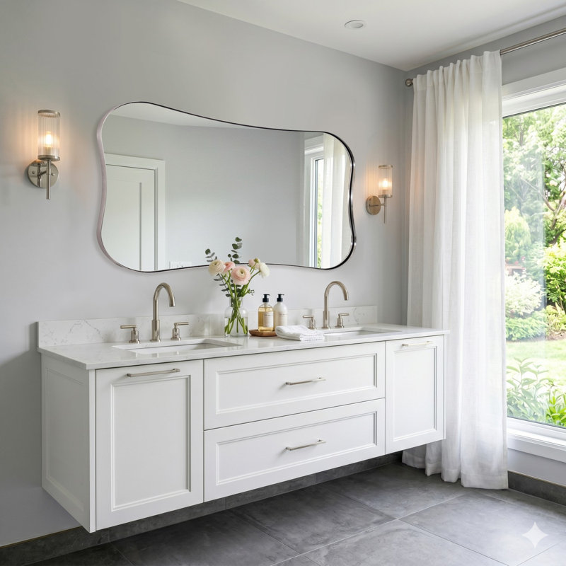 Contemporary Dual Concave Edge Scalloped Rectangle Bathroom Vanity Mirror | Stainless Steel Frame, Brushed Nickel, 48" x 24"