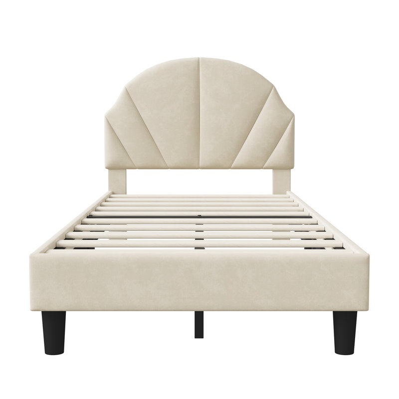 EU & UK Size Kids Velvet Bed Frame, Scalloped Shell Upholstery Bed with Height-Adjustable Headboard, Beige