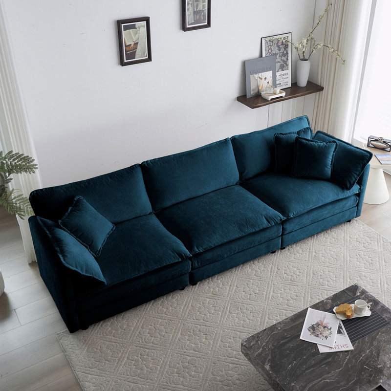 Modular 4-Seater Sofa with Chenille Fabric Upholstery with a Fixed Arm and Solid Wood Frame, Blue, 33" H x 111.5" W x 35" D