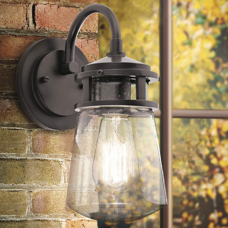 Jaylynn Architectural Bronze Seeded Glass Outdoor Wall Lantern, Medium