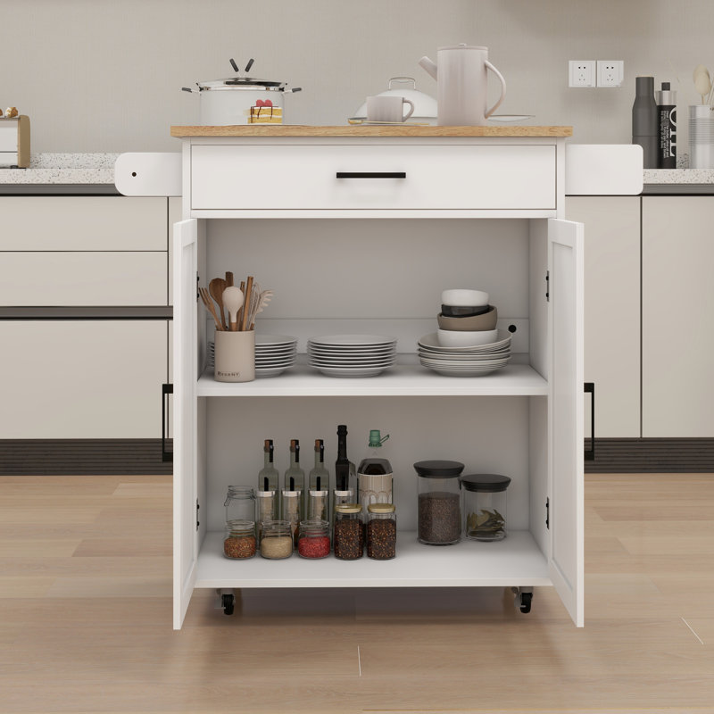 Rolling Kitchen Island With Tabletop, Towel Rack, Seasoning Rack - Customizable Storage Settings White Lockable Wheels, Adjustable Levels & Towel/Seasoning