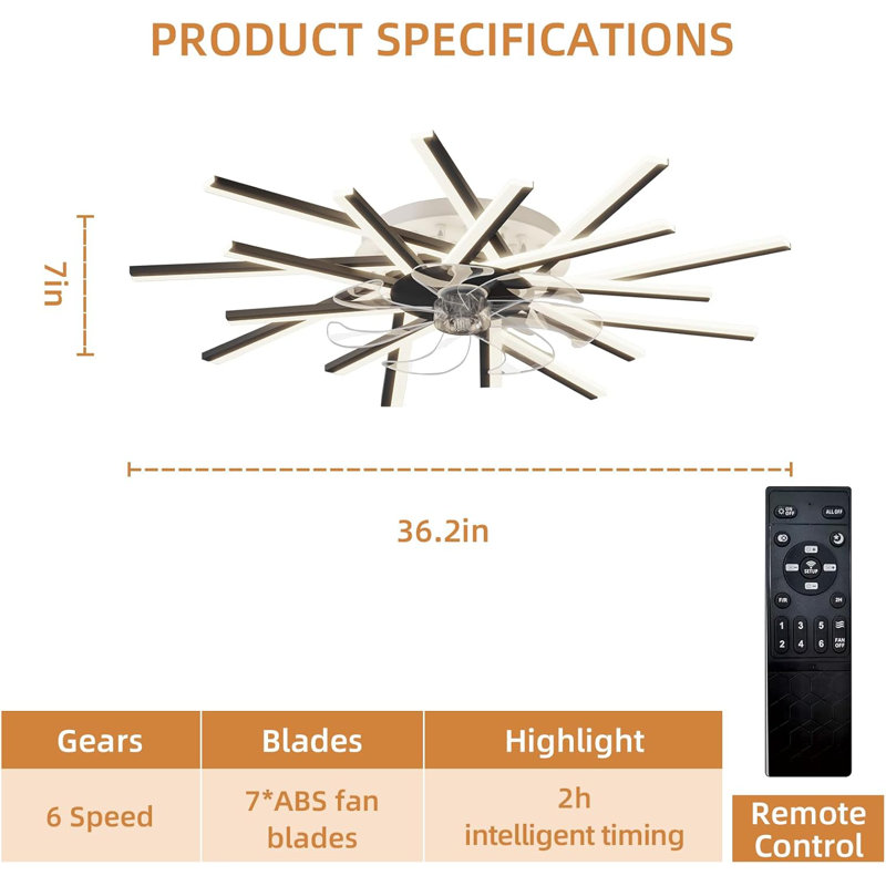 36.2In Modern Ceiling Fans With Lights,Flush Mount Ceiling Fan With Remote App Control,Dimmable 18 Heads Low Profile Ceiling Fan With 6 Speeds For Bedroom,Dining Room,Kitchen-Black