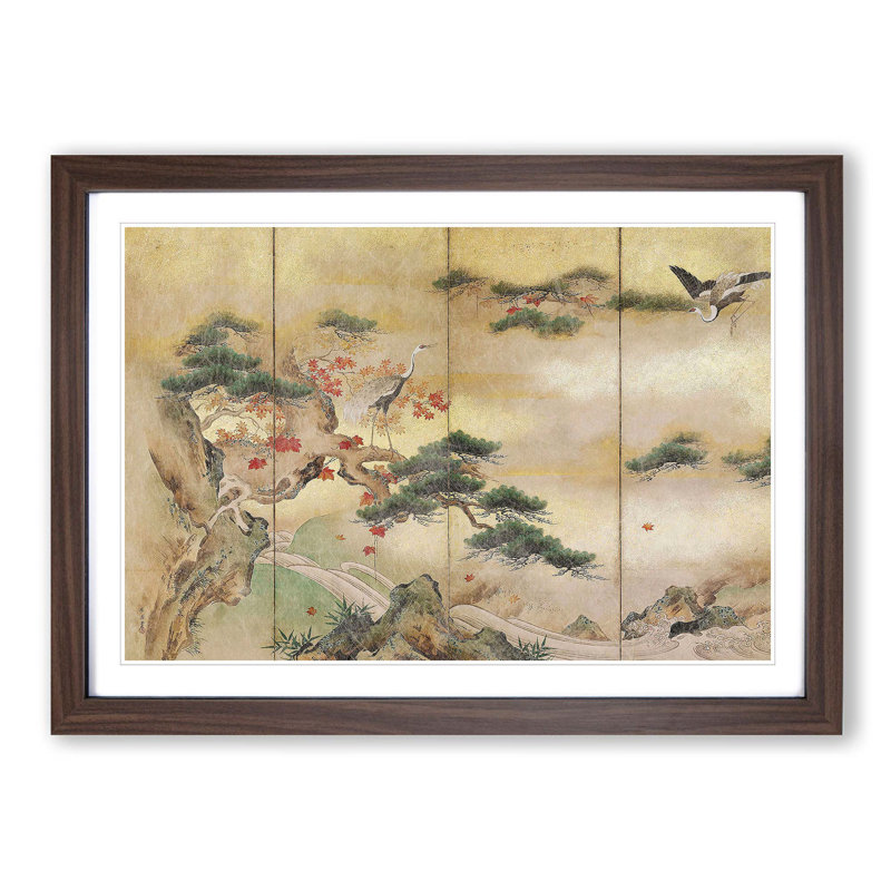 The Cranes Beside a Lake by Hashimoto Gaho - Picture Frame Painting Print on MDF, 36cm H x 48cm W x 2cm D, Walnut Framed
