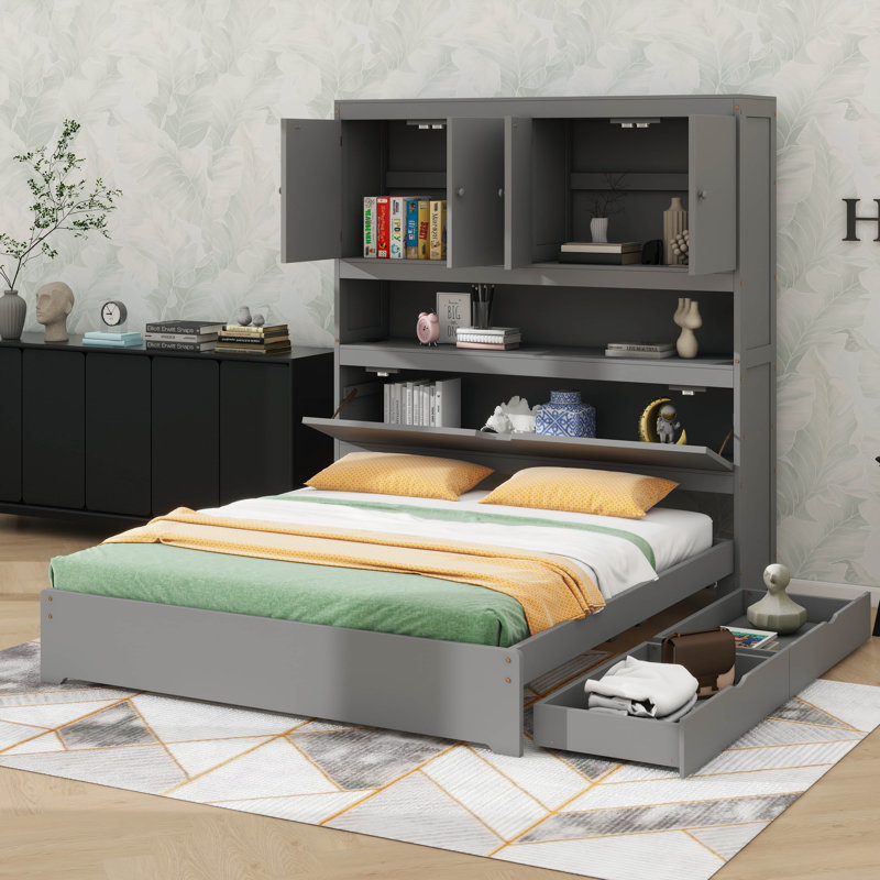 Full-Size Timber Platform Bed, Features Built-In USB Ports, Storage Headboard, And Underbed Drawers, Grey