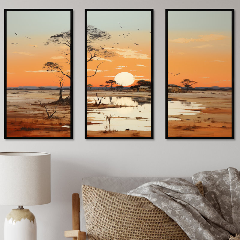 Paysage africain, coucher de soleil I - ensemble d'art mural sur toile Afrique, Cadre flottant noir