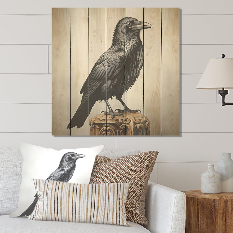 Mysterious Raven Guardian I - Animal corbeau sur bois, H 30 po x l 30 po