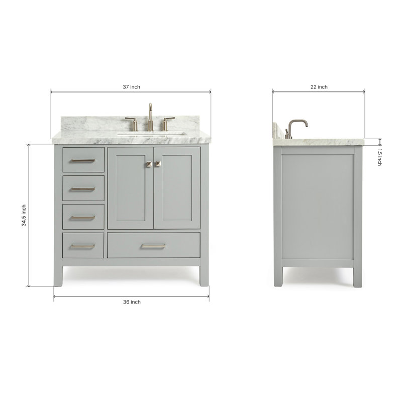 Cambridge 37'' W Single Vanity, Brushed Nickel, Carrara Marble, Gray