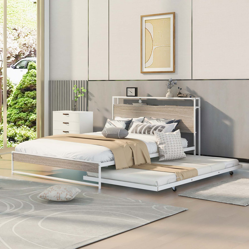 Structure de lit plateforme en métal avec lit gigogne, ports USB et support à lattes, sans sommier, White