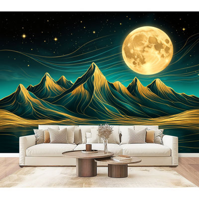 Peel and Stick Wallpaper Golden Mountains Under Full Moon Starry Sky Wall Murals 69"H x 96"W Removable PVC Wall Paper Self-Adhesive Wall Decor for Bed
