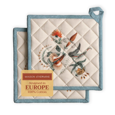 Maison d' Hermine Pot Holders Set 100% Cotton Heat Resistant Potholders 8" x 8" Hot Pads with Loop for Thanksgiving Christmas Decorations BBQ Cooking Baking Handling Hot Pans (Pack of 2, Dalida)