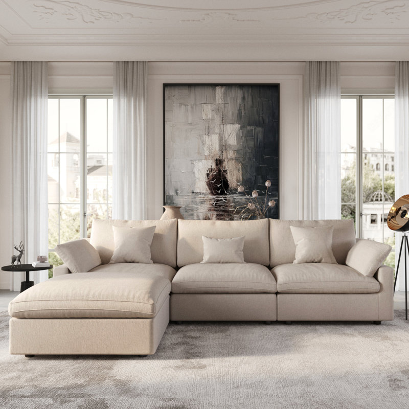 Slipcovered Upholstered Modular Sofa With Ottoman, 29.53" H x 119.29" W x 77.95" D, Khaki