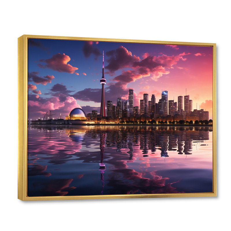 Mauve Toronto par nuit - imprimé, H 16 po x l 32 po x P 1 po, Cadre flottant doré