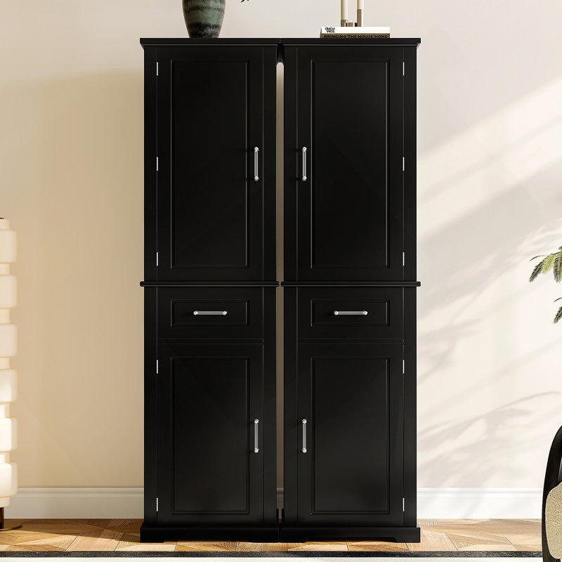 Tall Storage Cabinet With 4 Doors, Adjustable Shelf, Door Rack Design, MDF With Painted Finish, Freestanding Organizer For Bathroom, Office, Or Indoor Use – Black