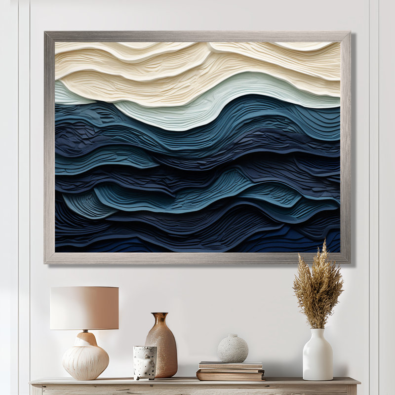 «Blue and White Coastal Waves», impression murale abstraite sur toile côtière, Argent, H 12 po x l 20 po, Impression encadrée