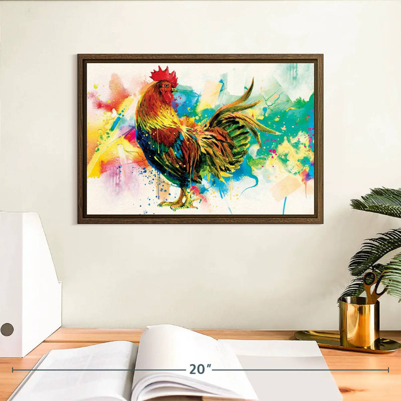 Rooster Paint Splash, 13" X 9", Floating Frame Walnut