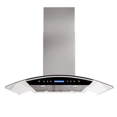 36 inch 800 CFM Island Mount Ducted Range Hood 4 Speed Quiet Glass and Stainless Steel Remote and Touch Panel Control with LED Lights