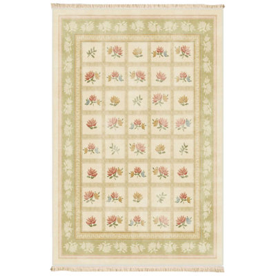 🌷 Ivory Lotus Grid Transitional Floral Rug