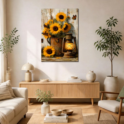 Toile murale rustique avec tournesol et lanterne
