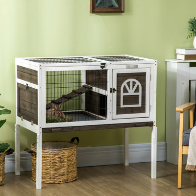 Cage spacieuse pour lapins d'intérieur avec cage de cochon d'Inde, entrées verrouillables, plateau hygiénique amovible, portes en bois brun et couleur café amovible