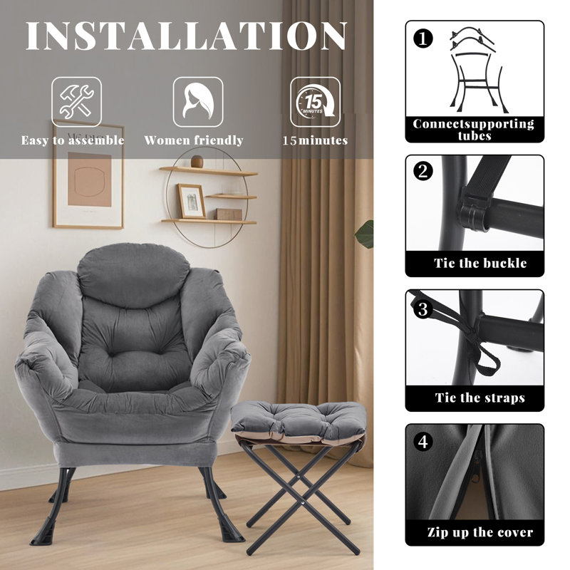 Upholstered Armchair with Footstool, Dark Grey