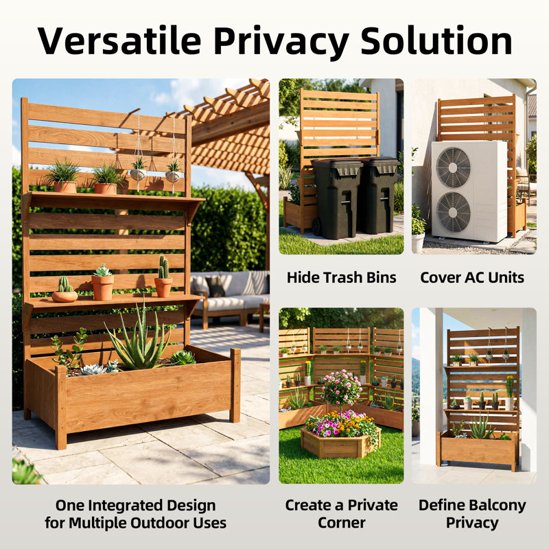 Cloison d'intimité d'extérieur avec jardinière, H 72,8 po x l 26 po x P 41,3 po, cloison de patio autoportante en bois massif avec tablette à 2 niveaux, brun clair