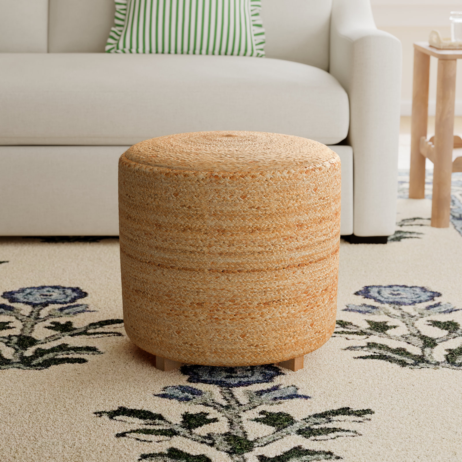 Kerrin Upholstered Ottoman, Wheat/Brown Jute
