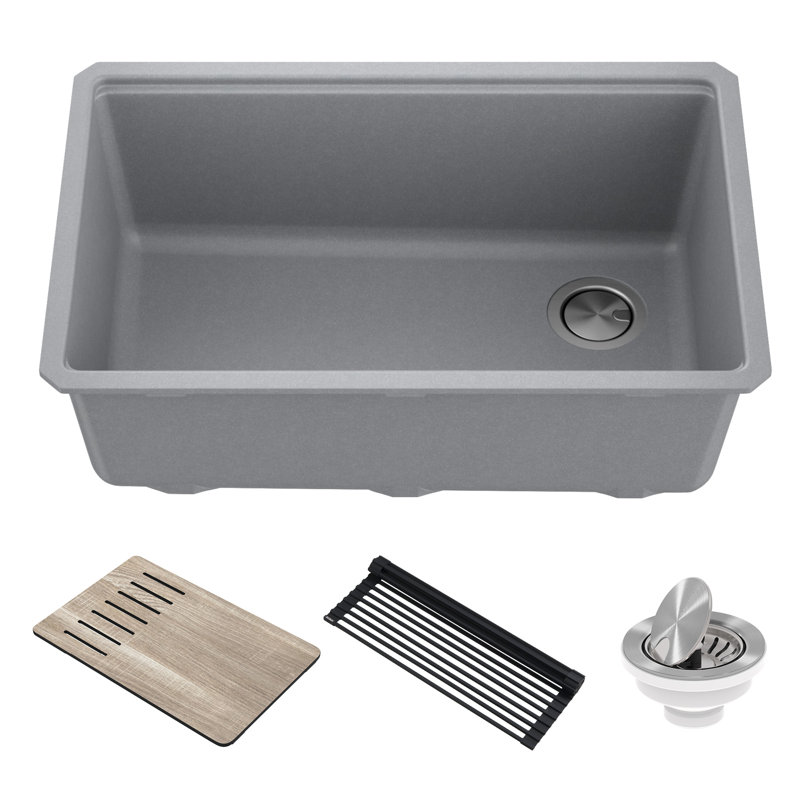 KRAUS Bellucci 30 in. Undermount Workstation Granite Kitchen Sink with Accessories, Metallic Gray