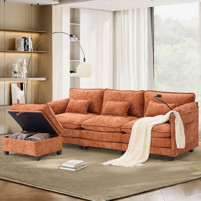 Canapé de rangement modulaire moderne en L à 3 places avec support pour téléphone et station de charge