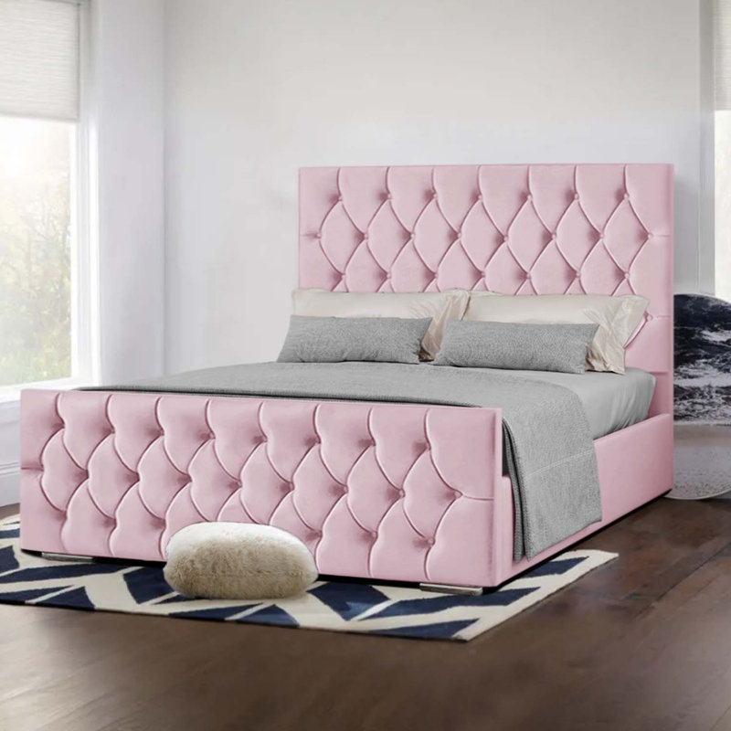 Upholstered Velvet Bed, Double (4'6), Pink