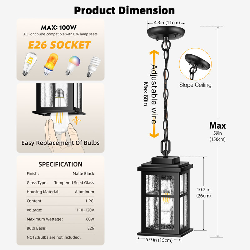 Matte Black Waterproof Outdoor Hanging Lantern with Adjustable Chain