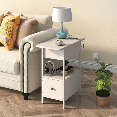 End Table With Charging Station, Narrow Side Table With Flip Top Cabinet And Fabric Drawer, Nightstand Bedside Tables For Small Spaces, Bedroom, Living Room
