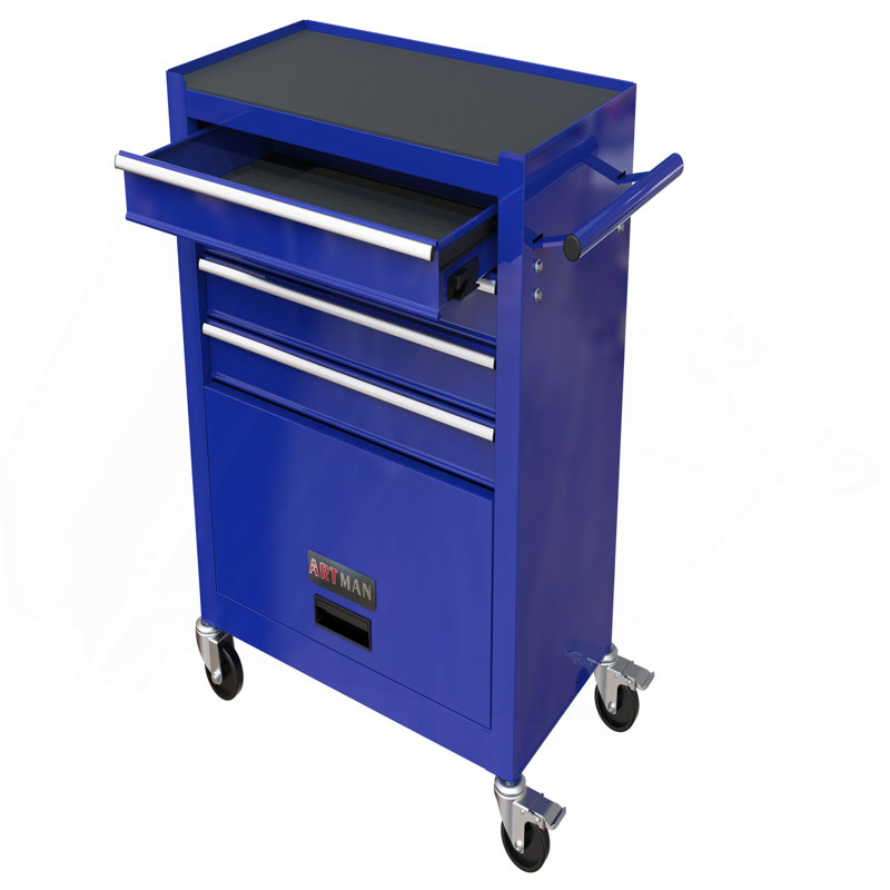 4-Drawer Rrolling Tool Box, 24.4" With 4 Wheels and Drawers With Tools, for Garage, Warehouse, Workshop, Shop, Blue