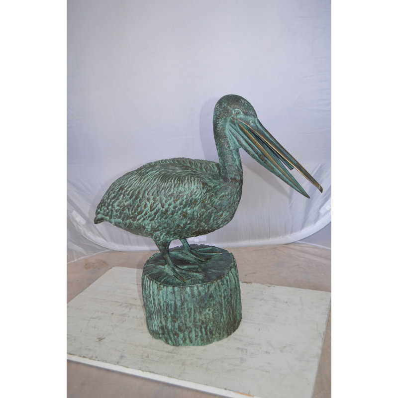 Large Bronze Pelican Fountain Statue - Soho Green & Brown Patina Stunning Outdoor Decor, 30"L x 16"W
