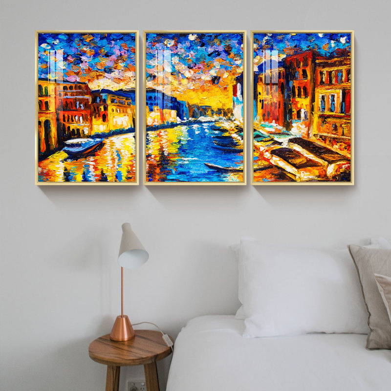 "Landscape Artwork", ensemble de 3 reproductions de photos sur toiles, H 16,5 po x l 36,5 po x P 1,3 po, Or