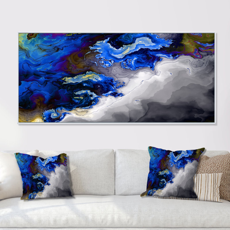 Encre fractale bleue et grise - peinture sur toile, H 8 po x l 12 po x P 1 po, Cadre blanc