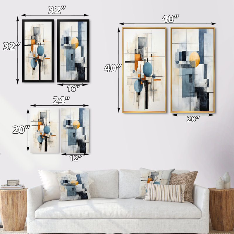 «Beige Blue Suprematism Harmonic Intersections», 2 pièces, Encadrement doré, H 40 po x l 40 po
