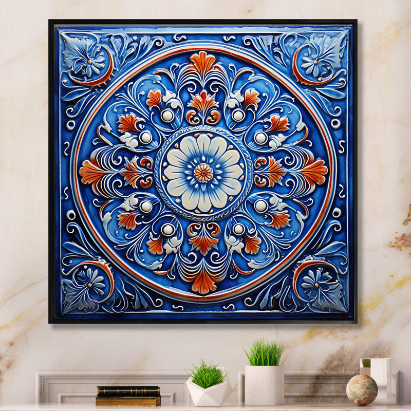 Boho Turkish Blue Tiles 2 - Boho Tiles, art mural, H 16 po x l 16 po, Noir