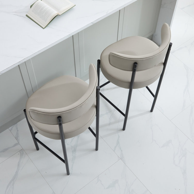 30" Faux Leather Upholstered Bar Stool with Curved Back and Metal Frame, 4, Elephant Gray