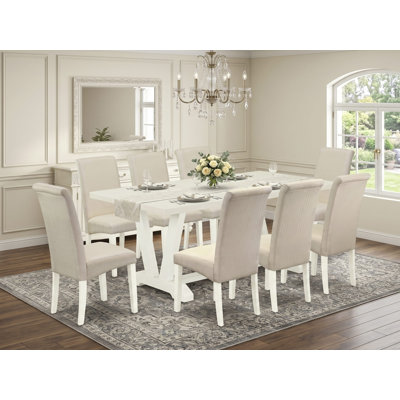 9 Piece Kitchen Table & Chairs Set Includes a Rectangle Dining Table with V-Legs and 8 Cream Linen Fabric Parson Dining Chairs, Wire Brushed Linen White.