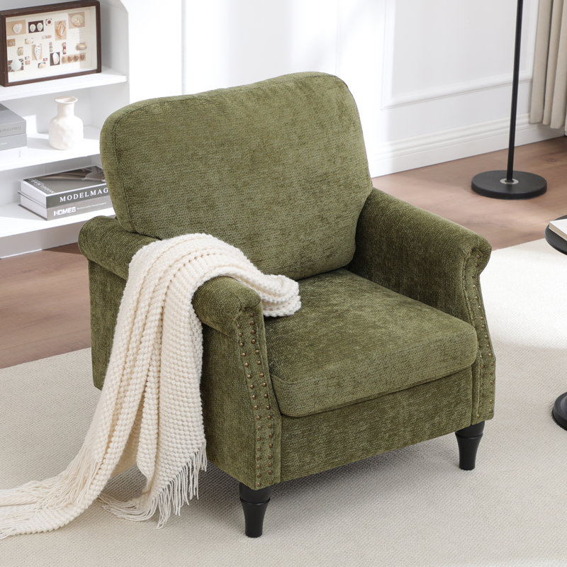 Upholstered Armchair Featuring Solid Wood Legs and Nailhead Accents, Green