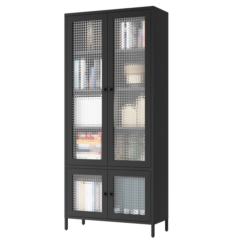 Grande armoire en acier avec 5 tablettes et 4 portes en verre pour le bureau, la chambre à coucher - portes de rangement en métal trempé noir, garde-manger de finition, utilisation