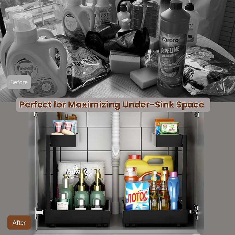Rangement sous le lavabo, armoire de rangement extensible noire à 2 niveaux avec hauteur réglable et système de glissières robustes à 3 glissières pour la cuisine et la salle de bain