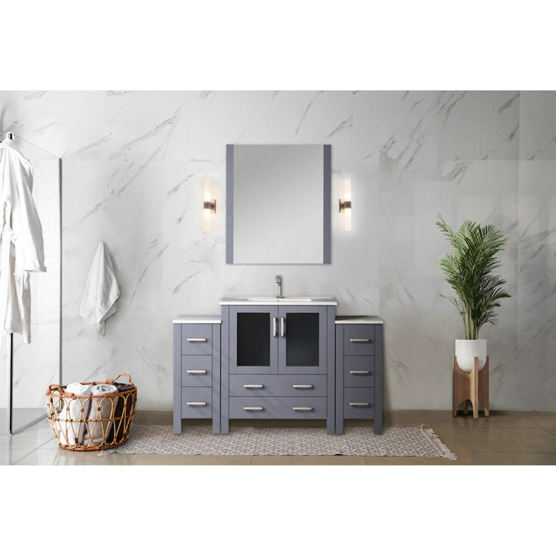 Meuble-lavabo simple gris foncé 54 po En largeur, avec des espaces de rangement latéraux, un comptoir en céramique blanc, 28 miroirs hexagonaux fixés au mur, un mécanisme de tiroir à fermeture en douceur, un meuble-lavabo à base de bois et du contreplaqué